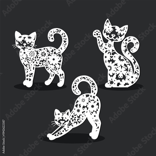 A set of 3 elegant cat papercut templates with floral ornament