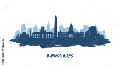 A silhouette of the Buenos Aires skyline featuring iconic buildings against a light blue background.