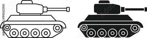 Stylized illustration of two tanks side by side showing outlined and solid silhouette designs with turret, cannon, angular armor, and road wheels for military 