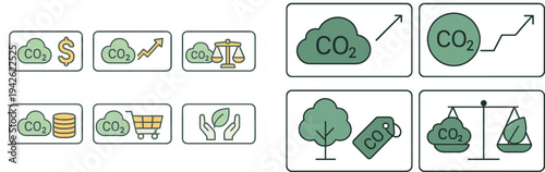Symbols illustrate various strategies for managing carbon dioxide emissions and their impact on economic activities, highlighting sustainability and environmental responsibility in commerce.