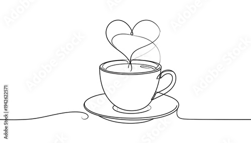 A line drawing portrays a coffee cup on a saucer. Steam rises from the coffee, shaping a heart above. The style is simple and minimalist