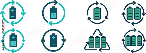 Four icons depict the battery recycling process, showing energy flow, charge levels, and sustainability efforts. The design emphasizes a circular economy in technology.