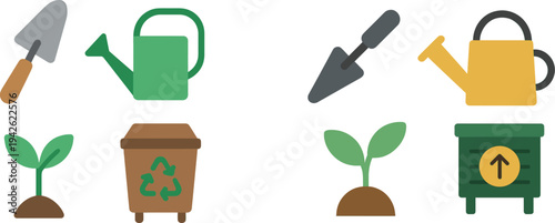 Various gardening tools, including a trowel and watering can, alongside a plant and recycling bin, emphasize the importance of sustainable gardening.