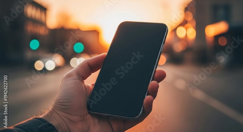 A hand holding a smartphone in a city street at sunset with a blurred background