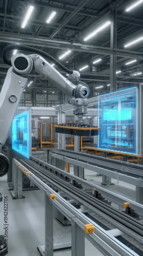 Robot arm lifting objects on assembly line in industrial factory
