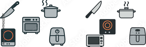 A collection of essential kitchen tools including a chef's knife, pot, stove, oven, and air fryer. These items are crucial for preparing a variety of meals efficiently.