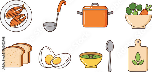 Flat vector illustration set of healthy cooking ingredients and kitchen tools featuring salmon, eggs, vegetables, soup, pot, and cutting board
