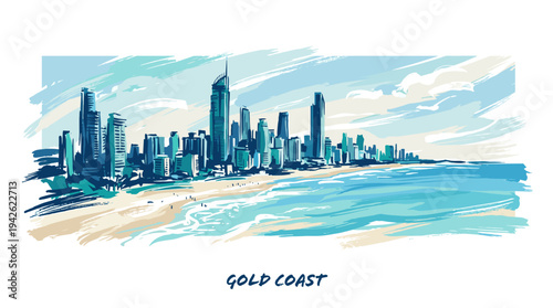 A vibrant, impressionistic painting of the Gold Coast skyline with its iconic skyscrapers lining the beach and the ocean waves gently rolling ashore.