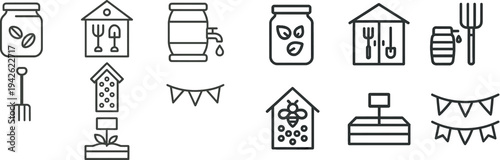 Various gardening tools and accessories are creatively arranged, featuring a jar of seeds, a watering can, a garden shed, and decorative bunting, all in a minimalist design.