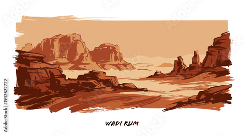 A vast desert landscape with towering rock formations and a hazy, warm atmosphere, evoking a sense of remote wilderness.