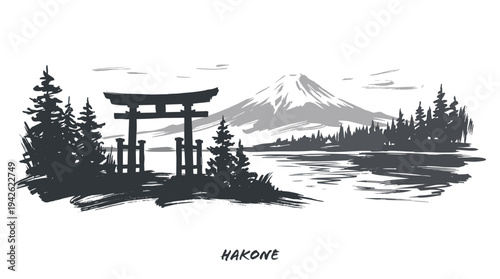 A serene Japanese landscape featuring a torii gate, pine trees, a tranquil lake, and the majestic Mount Fuji in the background.