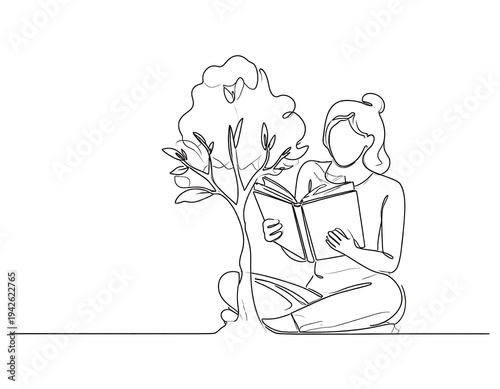 A line drawing portrays a person sitting beneath a tree, engrossed in reading a book with soft, delicate lines
