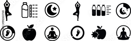 Various symbols reflect the essence of wellness, including yoga, hydration, sleep, fitness tracking, nutrition, and mindfulness. These elements emphasize a holistic approach to health.