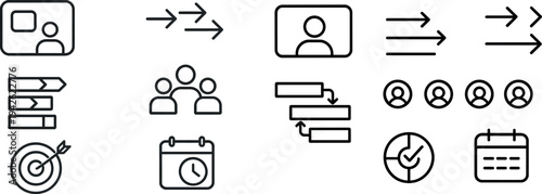 Visual elements depict various business concepts including presentations, direction, teamwork, target achievement, and scheduling within a collaborative environment.