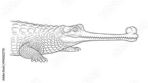 Gharial Line Art: A detailed monochrome line drawing of a gharial, showcasing its unique long, narrow snout and textured skin.