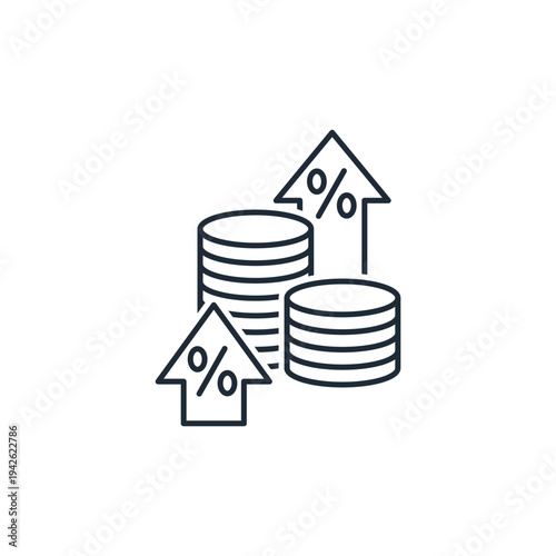 Stacks of coins with arrows pointing up and a percentage. Tariff increases, inflation. Vector linear icon  illustration isolated on white background.