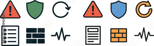 Various icons display important concepts related to warning signs, protection, and system status in a minimalistic design. These symbols emphasize safety and organization.