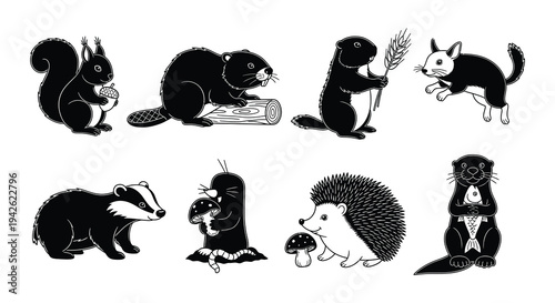 Black and white illustration of various forest animals on a white background