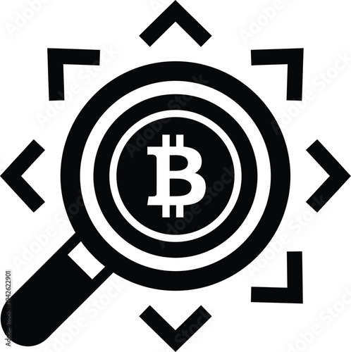 Bitcoin search concept with magnifying glass and crypto symbols vector illustration