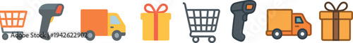 Shopping experiences in the digital age are represented by a shopping cart, barcode scanner, delivery truck, and a wrapped gift, emphasizing convenience and efficiency in transactions.