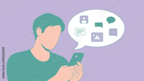 A man holding a smartphone with a speech bubble full of social media icons floating above it.