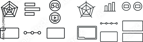 Showcasing a collection of minimalist icons including a spider web, buttons, and screens, illustrating key concepts in gaming design and data visualization. These elements reflect modern aesthetics.