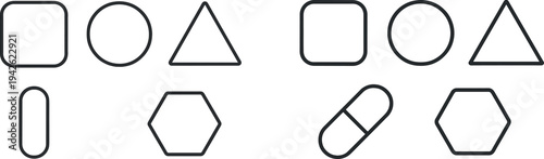 A collection of geometric shapes outlined in black on a white background. The arrangement includes a square, a circle, a triangle, an oval, and a hexagon, illustrating basic forms.