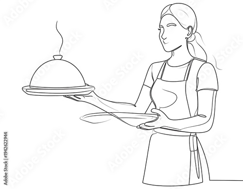 A line drawing portrays a server holding a covered dish and a plate. Her hair is pulled back, and she wears an apron. Steam rises