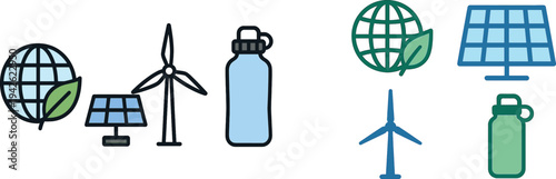 Visual representation of renewable energy concepts including a globe, solar panel, wind turbine, and a reusable water bottle emphasizing environmental sustainability and conservation.