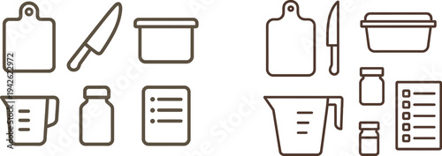 Various kitchen tools are arranged including a cutting board, knife, container, measuring cup, bottle, and a notepad for recipe notes. This setup emphasizes cooking preparation.