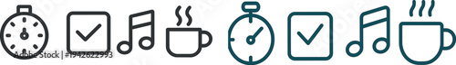 Visual elements depict a stopwatch, a checklist, musical notes, and a steaming coffee cup, symbolizing organization and inspiration for effective time management.