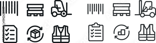 This visual highlights several warehouse operation elements, showcasing checklists, pallets, forklifts, and safety vests essential for efficient logistics and safety.