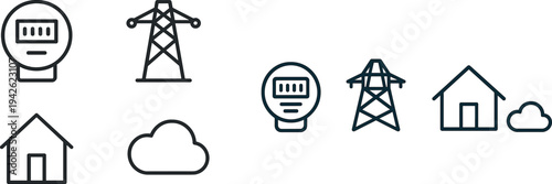 A graphic displays four minimalist icons representing a power meter, an electricity tower, a house, and a cloud, showcasing elements of home energy and utility connections.
