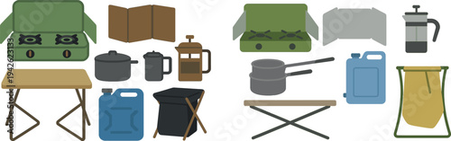 A well-organized camp cooking setup featuring a portable stove, pots, a coffee press, a folding table, a water container, and a camp chair on a plain background.