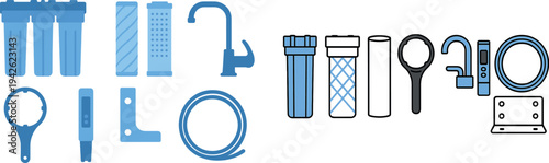 Different water filtration components are arranged neatly, including filters, a faucet, a wrench, and a hose, ideal for setting up a home filtration system.