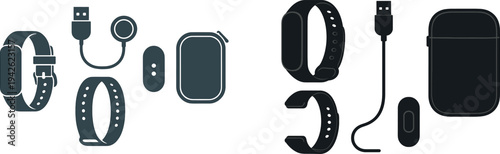 Various components of a fitness tracker are displayed on a smooth surface, including the tracker itself, a charging cable, and different bands designed for comfort and functionality.