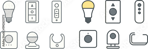 This grid displays various modern smart home device icons, including a light bulb, remote control, dimmer switch, thermostat, sensor, and clip. Each item represents a home automation feature.