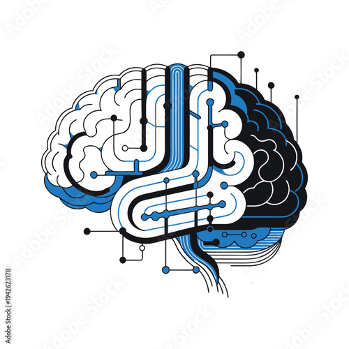 Circuit brain drawing connected network nodes illustration