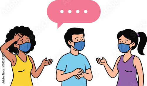 Three friends wearing face masks talking to each other vector illustration