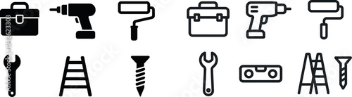 A collection of essential tools is arranged in a flat layout, featuring a drill, paint roller, ladder, wrench, toolbox, and a screw, ideal for DIY projects and repairs.