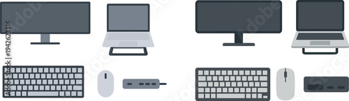 A sleek workstation includes a large monitor, a compact laptop, a full-sized keyboard, a mouse, and a power strip, showcasing a modern design ideal for productivity and organization.