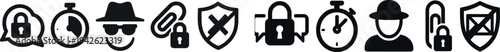 Icons illustrate various cybersecurity themes such as data protection, secure messaging, and privacy awareness. These symbols highlight the importance of online safety measures.