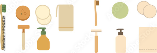 Various cleaning tools and products are arranged neatly on a white background, showcasing a toothbrush, scrubber, cotton pads, soap dispenser, and towel for personal hygiene.