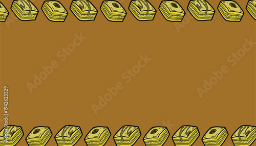 Baklava background Pattern. Middle Eastern Pastry Illustration. Handdrawn Honey Dessert. Repeating Sweet Food Background. Decorative Packaging Textile Design.