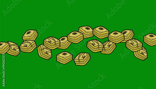 Baklava background Pattern. Middle Eastern Pastry Illustration. Handdrawn Honey Dessert. Repeating Sweet Food Background. Decorative Packaging Textile Design.