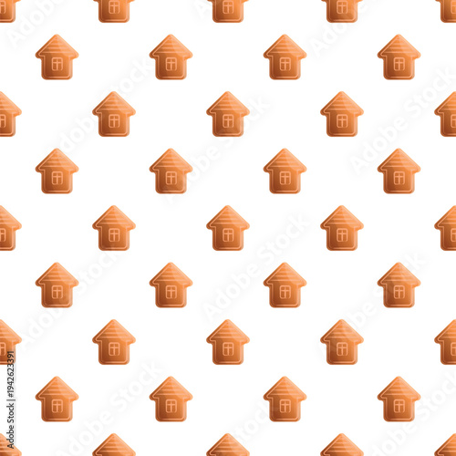 Gingerbread house cookies repeating in a seamless pattern on a white background