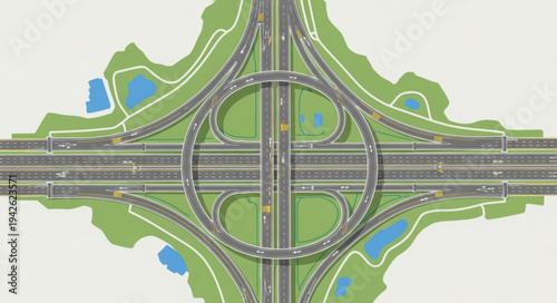 Aerial View of a Cloverleaf Interchange with Green Spaces.