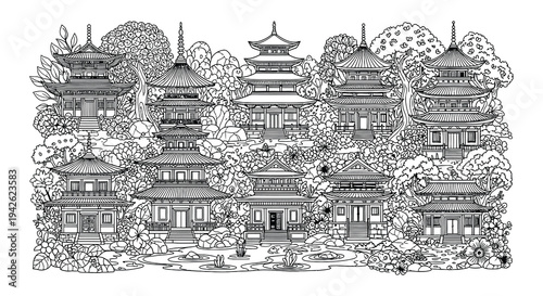 Canvas Print Intricate black and white illustration of traditional asian temples and gardens