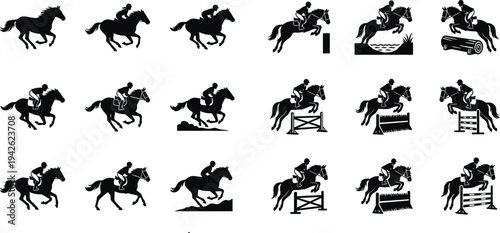 Equestrian Sports and Horse Riding Silhouette Icons Featuring Jumping Over Obstacles Racing and Galloping