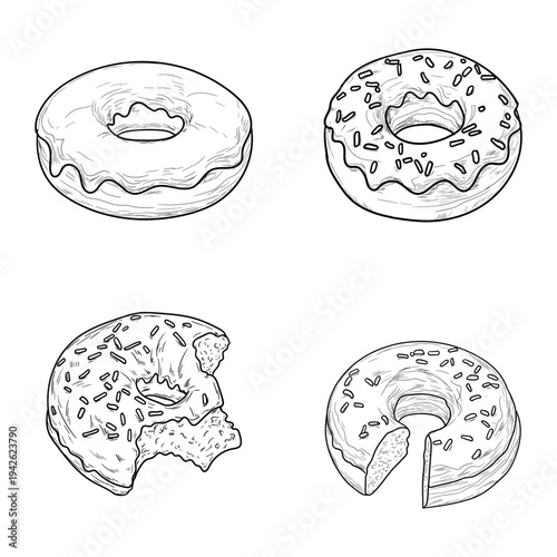 Donut with glaze and topping, hand drawn sketch. Vector illustration. Sweet flour pastries, bitten donut, set isolated on white background. For kitchen decor, textile printing, menu, Not AI
